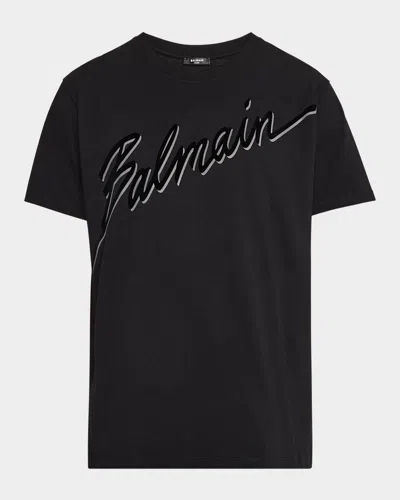 BALMAIN MEN'S FLOCKED SCRIPT T-SHIRT