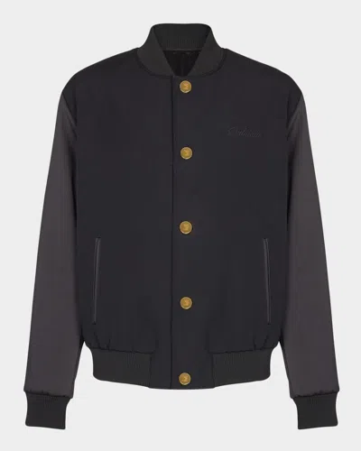 BALMAIN MEN'S GRAIN DE POUDRE WOOL AND SATIN VARSITY JACKET