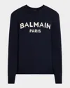 Balmain Logo Intarsia Crewneck Sweater In Navy/white