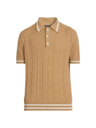 Balmain Men's Jacquard Logo Wool Polo Shirt In Brown