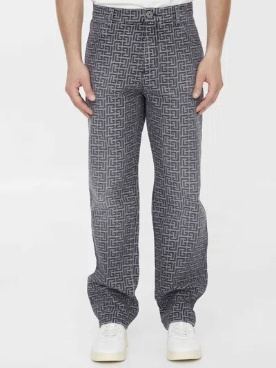 Balmain Men Jacquard Monogram Jeans In Black