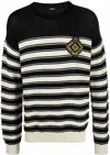 Balmain Striped Knit Wool Blend Sweater W/ Badge In Black,natural