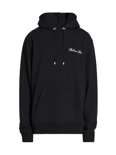 Balmain Men's Logo-embroidered Cotton Hoodie In Black White