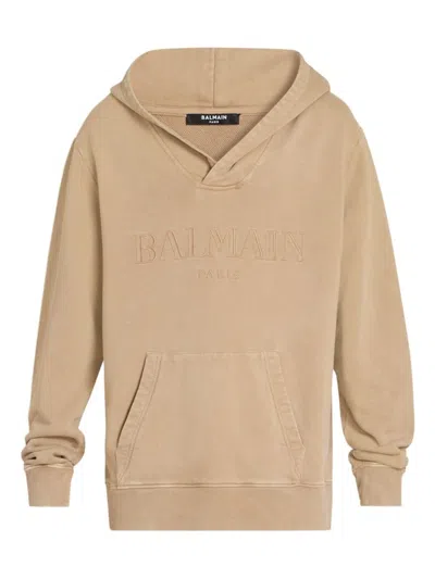 Balmain Logo-embroidered V-neck Cotton Hoodie In Sable