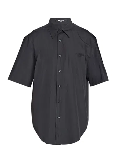 Balmain Men's Logo Embroidered Poplin Short-sleeve Shirt In Black