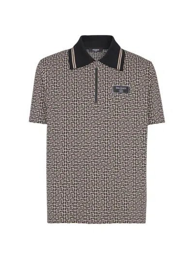 Balmain Men's Logo Jacquard Polo Shirt In Gray