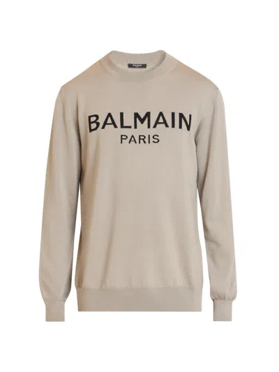 Balmain Men's Logo Merino Wool Sweater In Neutral