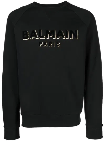 Balmain Men's Logo-print Crew Neck Sweatshirt In Black Cotton