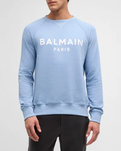 Balmain Men's Logo-print Sweatshirt In Pale Blue/white