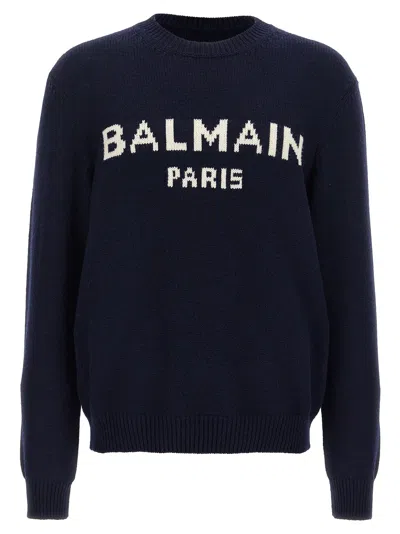 Balmain Men Logo Wool Sweater In Blue