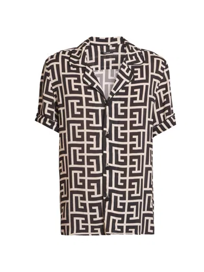 Balmain Men's Macro-monogram Printed Pyjama Shirt In Black