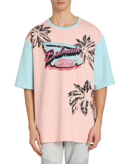 Balmain Men's Miami Cotton Oversized T-shirt In Pink