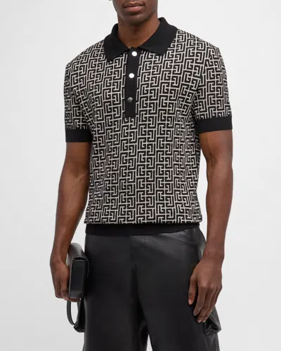 BALMAIN MEN'S MONOGRAM JACQUARD POLO SHIRT