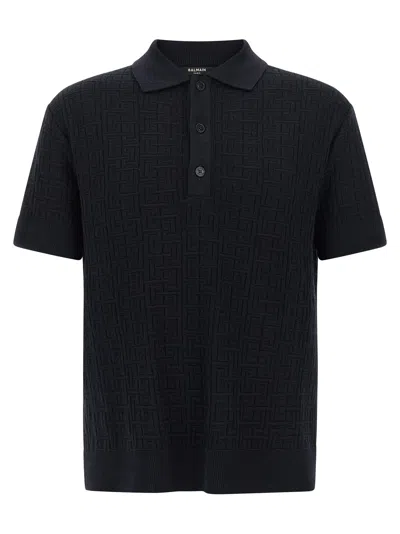 Balmain Monogram Vanise Knit Polo In Black