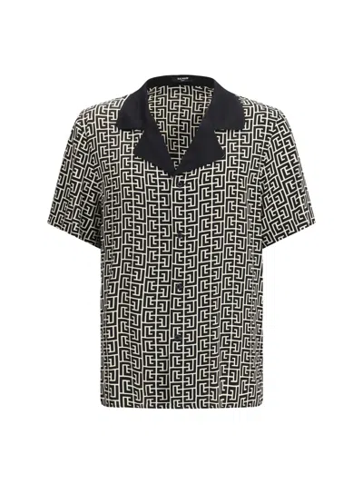 Balmain Men Monogram-print Pajama Shirt In Black