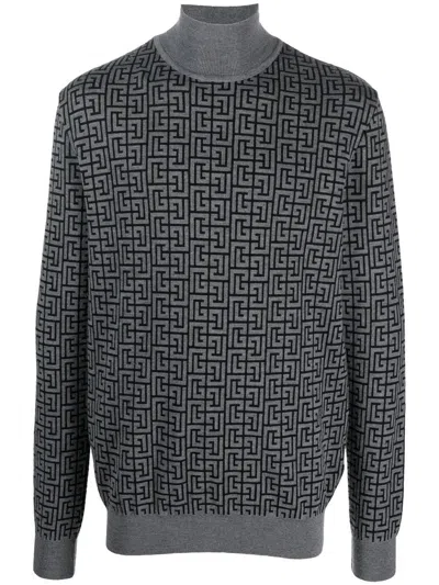 Balmain Men's Monogram Turtleneck Sweater In Black And Grey For Fall/winter 2024