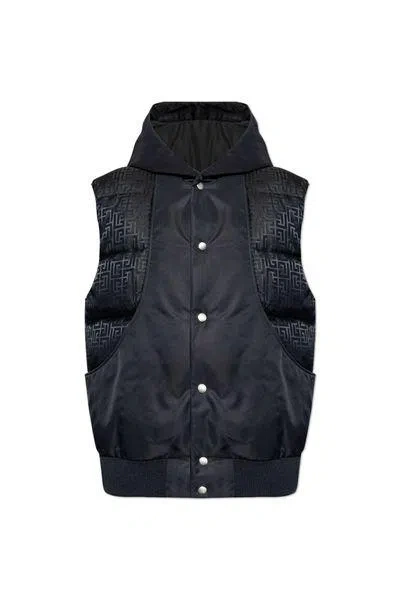 Balmain Monogram Printed Hooded Vest In Navy Blue