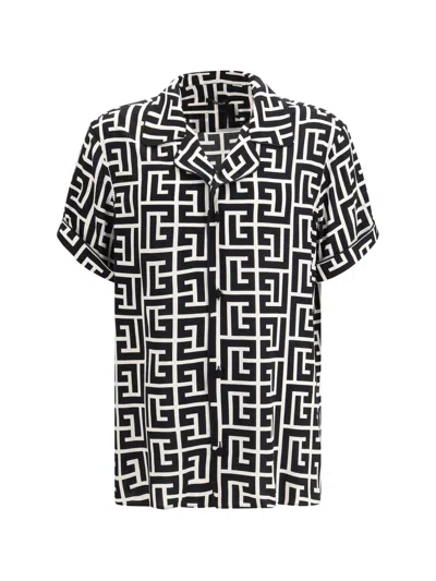 Balmain Monogram Printed Short-sleeved Shirt In Black