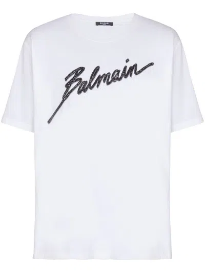 Balmain Men White Crewneck T-shirt With Maxi Logo Lettering On The Front In Cotton Man