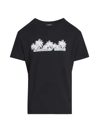 Balmain Men's Palm Logo Cotton T-shirt In Black White