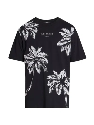 Balmain Men's Palm Tree Cotton T-shirt In Black White