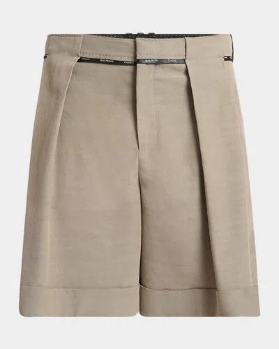 Balmain Men's Piped Large-pleat Shorts In Taupe