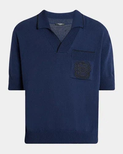 Balmain Men's Pocket Emblem Knit Polo Shirt
