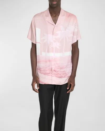 Balmain Postcard-print Logo-embroidered Shirt In Pink