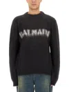 Balmain Black Crewneck Sweater With Maxi Logo Lettering On The Front And Brushed Effect In Wool Blen In Black