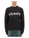Balmain Black Crewneck Sweater With Maxi Logo Lettering On The Front And Brushed Effect In Wool Blen In Black