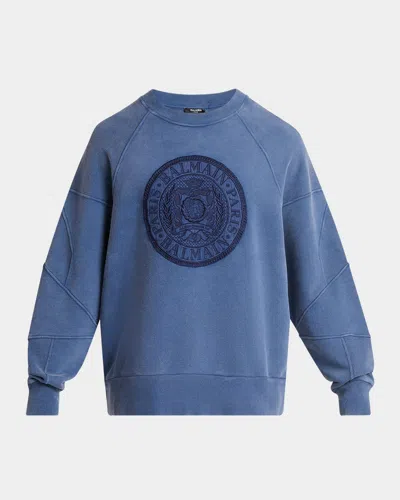 Balmain Men's Ribbed Big Coin Sweatshirt In Blue