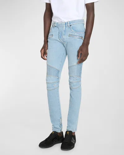 Balmain Light-wash Tapered Biker Jeans In Blue
