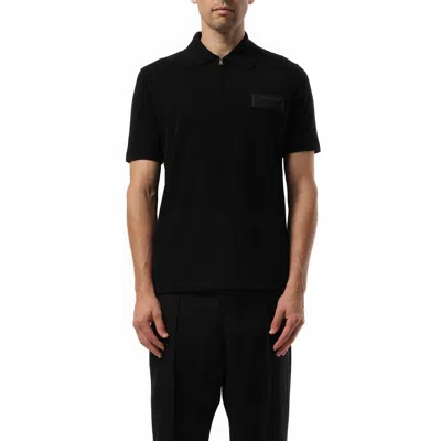 Balmain Men's Small Leather Couture Label Zipped Polo In Black