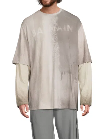 Balmain Men's Spray-paint Layered Cotton T-shirt In Neutral