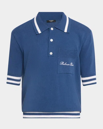 Balmain Signature Logo Embroidered Polo T-shirt In Blue
