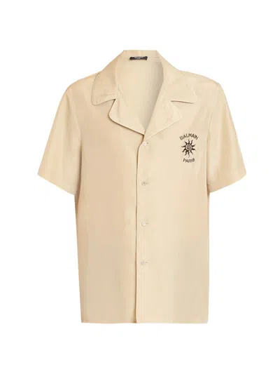 Balmain Logo-embroidered Camp-collar Shirt In Neutral