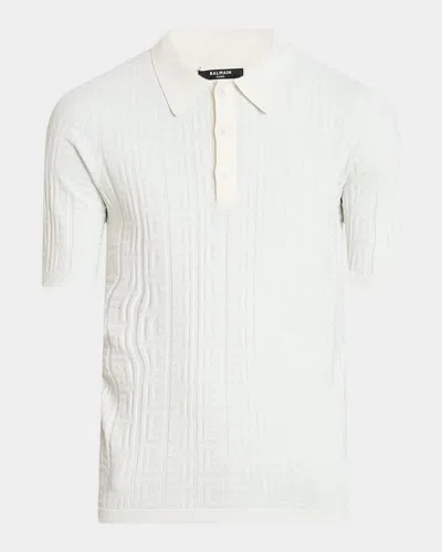 Balmain Men's Tonal Monogram Knit Polo Shirt In Brown