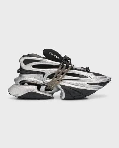 Balmain Men's Unicorn Neoprene Glitter Fashion Sneakers In Black/silver