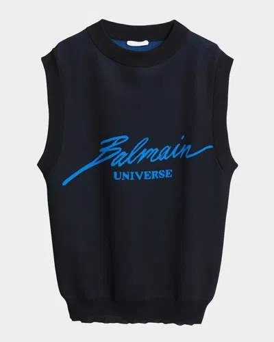 Balmain Men's Universe Knit Sleeveless Top In Black/hologram Blue