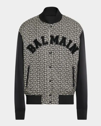 BALMAIN MEN'S VARSITY MONOGRAM BOMBER JACKET WITH PATCHES