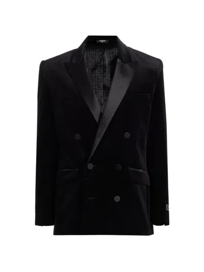 Balmain Men's Velvet Satin-trim Double-breasted Blazer In Black