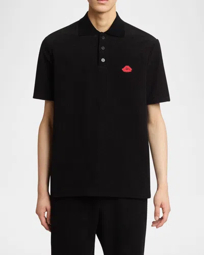 Balmain Lip Motif Collared Polo Shirt In Black