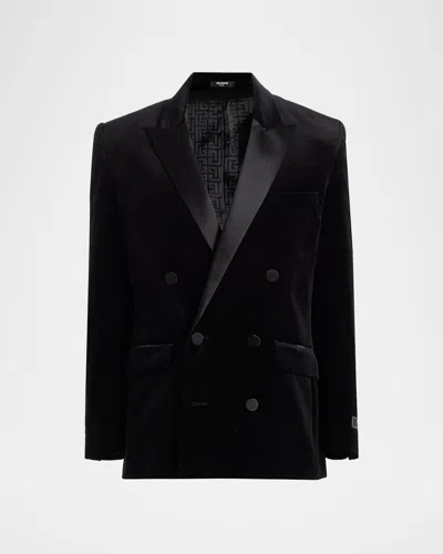Balmain Men's Velvet Satin-trim Double-breasted Blazer In Black