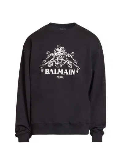 BALMAIN MEN'S VINE-PRINT LOGO GRAPHIC COTTON SWEATSHIRT