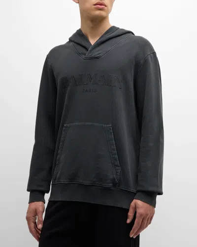 Balmain Logo-embroidered Cotton Hoodie In Grey Multi