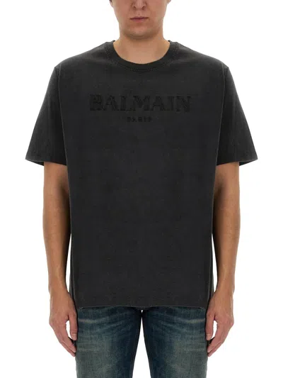 Balmain T-shirt With Logo Embroidery In Gray