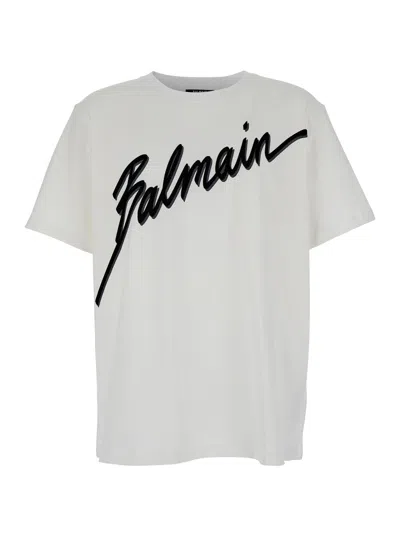BALMAIN BALMAIN MEN WHITE CREWNECK T-SHIRT WITH MAXI LOGO LETTERING ON THE FRONT IN COTTON MAN