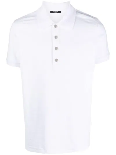 Balmain Monogrammed Textured Fabric Polo Shirt With Metal Buttons In White