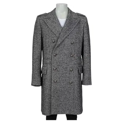 Pre-owned Balmain Men's Wool Blend Printed Overcoat Long Coat Size It 56 3xl In Gray