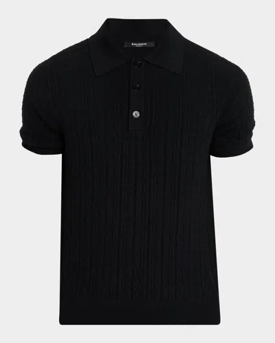 BALMAIN MEN'S WOOL MONOGRAM JACQUARD KNIT POLO SHIRT